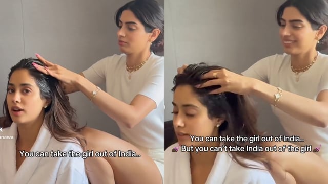 Khushi Kapoor gives champi to Janhvi Kapoor.