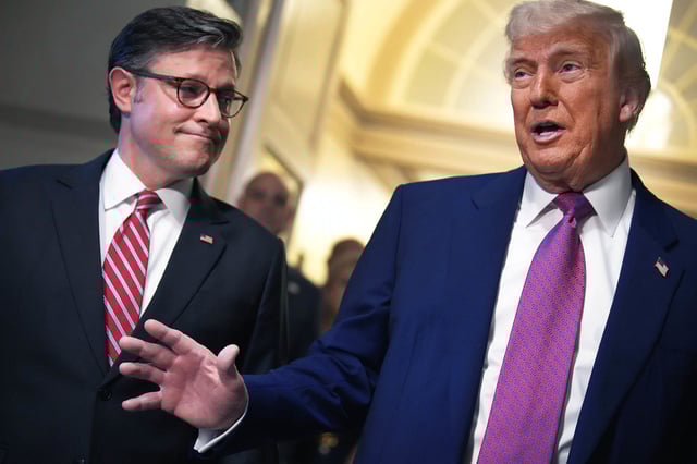 President Donald Trump, joined by Speaker of the House Mike Johnson (R-LA), speaks to members of the media as he arrives for a House Republican meeting at the U.S. Capitol on May 20, 2025 in Washington, DC.