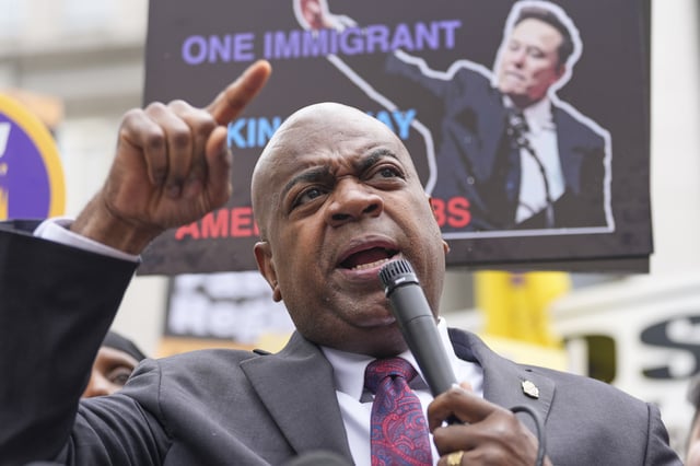 FILE - Mayor Ras Baraka speaks to supporters and media after a court appearance in Newark, N.J., Thursday, May 15, 2025. (AP Photo/Seth Wenig, File)