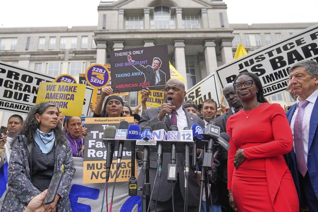 Mayor Ras Baraka, center, speaks to supporters and media after a court appearance in Newark, N.J., Thursday, May 15, 2025. (AP Photo/Seth Wenig)