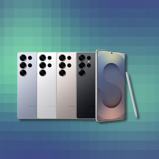 the Samsung galaxy s25 ultra on a blue and green pixelated background