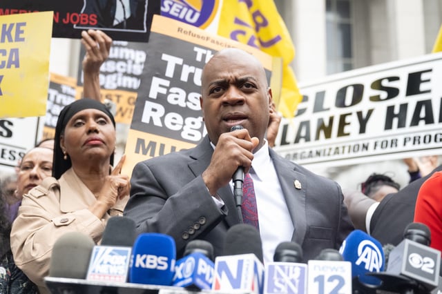 Ras Baraka, Mayor of Newark, speaks to the media and supporters after exiting the courthouse on May 15, 2025 in Newark, New Jersey.
