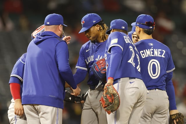 ANAHEIM, CALIFORNIA - MAY 06: Jose Urena #48 of the Toronto Blue Jays leaves the game against the Los Angeles Angels in the fifth inning at Angel Stadium of Anaheim on May 06, 2025 in Anaheim, California.