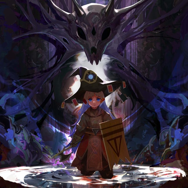 A little witch hanging out in front of a sinister bat-skull thing.