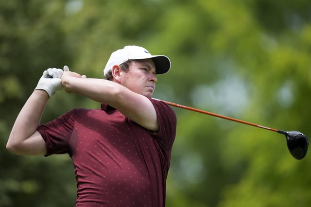 May 29, 2025; Dublin, Ohio, USA; Robert MacIntyre plays his shot from the second tee during the first round of the Memorial Tournament presented by Workday golf tournament. Mandatory Credit: Aaron Doster-Imagn Images/File Photo