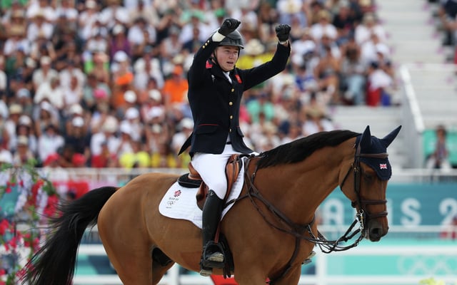 Harry Charles and horse Romeo 88 of Team Great Britain celebrate after their round in the Jumping Team Final on day seven of the Olympic Games Paris 2024 at Chateau de Versailles on August 2, 2024, in Versailles, France. 
