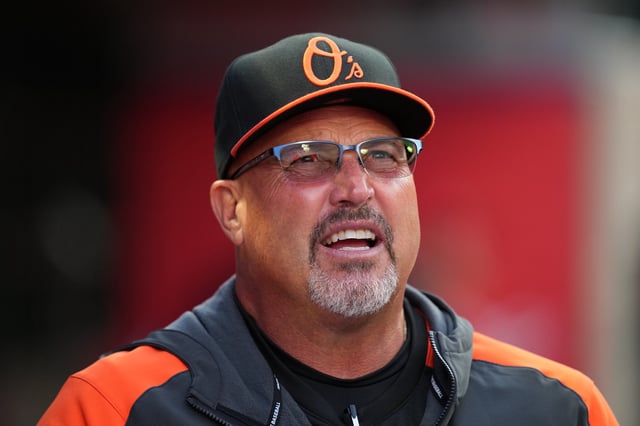 Apr 22, 2022; Anaheim, California, USA; Baltimore Orioles bench coach Fredi Gonzalez reacts during the game against the Los Angeles Angels at Angel Stadium. Mandatory Credit: Kirby Lee-USA TODAY Sports/File Photo