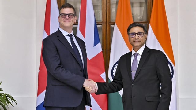 Foreign secretary Vikram Misri and Permanent Under-Secretary at the Foreign, Commonwealth & Development Office of UK Oliver Robbins in New Delhi. (@MEAIndia)
