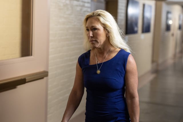 Rep. Marjorie Taylor Greene (R-GA) arrives for a House Republican meeting at the U.S. Capitol on May 20, 2025 in Washington, DC.