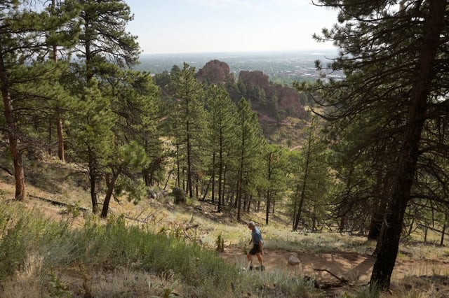 Alan Teran of Boulder hikes at Anemone loop trail in Boulder Colorado on Tuesday, September 13, 2022. City of Boulder Open Space and Mountain Parks opened Anemone Loop trail just west of town. It climbs Anemone Hill to what they call the Anemone Loop trail. It&#39;s a 3.6-mile hike and climbs 630 feet in elevation. Trail builders flew in tons of rock to build 470 stone steps in some of the steeper sections. (Photo by Hyoung Chang/The Denver Post)