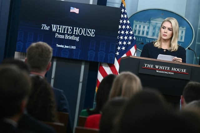 White House Press Secretary Karoline Leavitt speaks during the daily briefing in the Brady Briefing Room of the White House in Washington, DC, on June 3, 2025. Tech billionaire Elon Musk on Tuesday hammered the sprawling tax cuts and spending mega-bill that President Donald Trump is trying to muscle through Congress as a "disgusting abomination." Leavitt said Musk's criticism 'doesn't change' Trump's support for the bill.