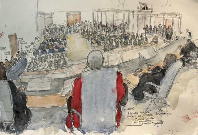 Croquis d'audience réalisé lors de la lecture du verdict du procès des viols de Mazan, au palais de justice d'Avignon, le 19 décembre 2024