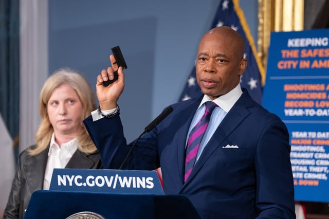 Mayor Eric Adams holds up an improvised hand gun during a press conference Tuesday, June 3, 2025 in Manhattan, New York. (Barry Williams/ New York Daily News)