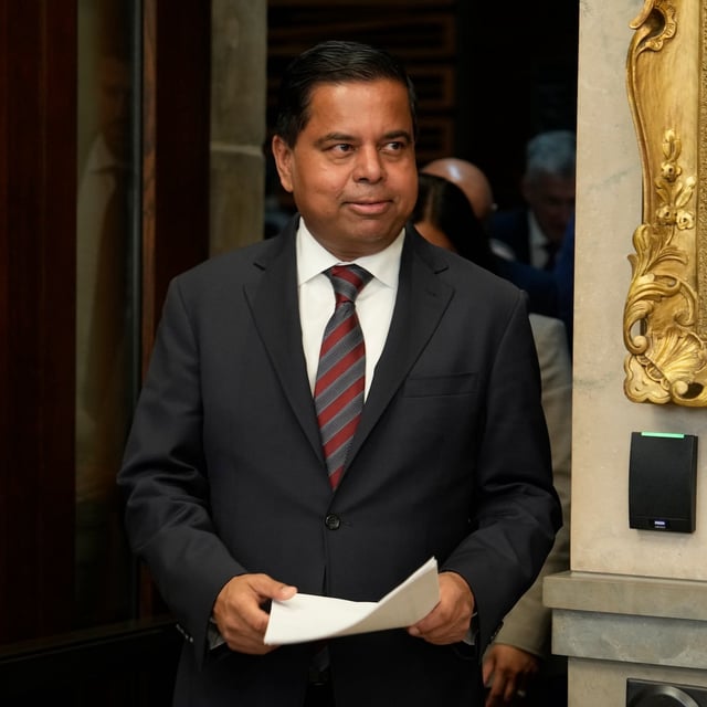 Minister of Public Safety Gary Anandasangaree makes his way to the podium to speak in the Foyer of the House of Commons on Parliament Hill in Ottawa, Tuesday, June 3, 2025.  THE CANADIAN PRESS/Adrian Wyld