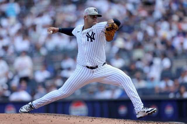 May 17, 2025; Bronx, New York, USA; New York Yankees relief pitcher Fernando Cruz (63) pitches against the New York Mets during the ninth inning at Yankee Stadium. Mandatory Credit: Brad Penner-Imagn Images