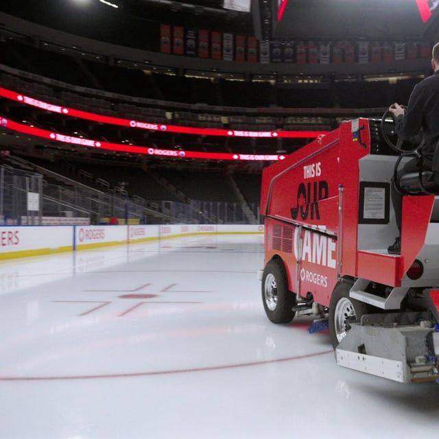 Matthew Messer, the director of engineering and operations at Rogers Place in Edmonton, is seen in this handout photo, resurfacing the ice ahead of Game 1 of the Stanley Cup Final on Monday, June 2, 2025. THE CANADIAN PRESS/HO-Rogers *MANDATORY CREDIT*