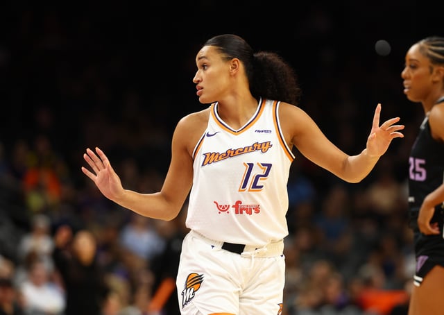 May 11, 2025; Phoenix, AZ, USA; Celeste Taylor (12) against the Golden State Valkyries during a preseason game at PHX Arena. Mandatory Credit: Mark J. Rebilas-Imagn Images