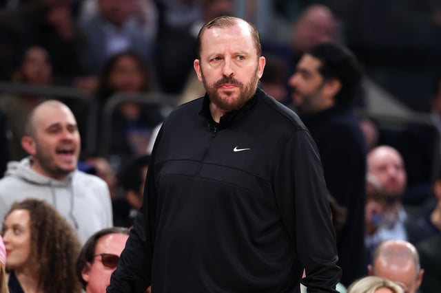 Head coach Tom Thibodeau of the New York Knicks looks on against the Detroit Pistons during the first quarter in Game Two of the Eastern Conference First Round NBA Playoffs at Madison Square Garden on April 21, 2025 in New York City.
