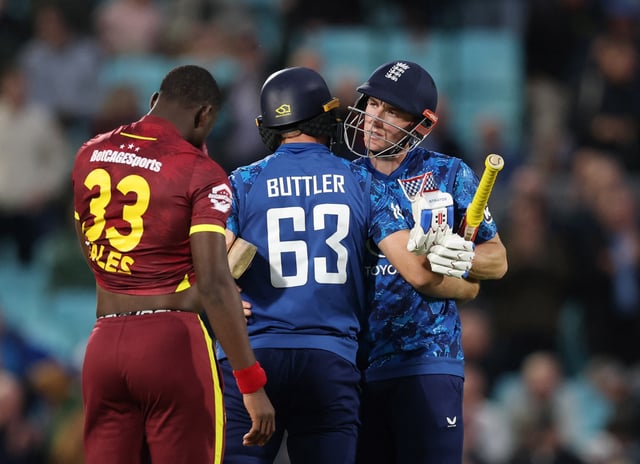 Cricket - Third One Day International - England v West Indies - Kia Oval, London, Britain - June 3, 2025  England's Harry Brook and Jos Buttler celebrate after the match Action Images via Reuters/Paul Childs