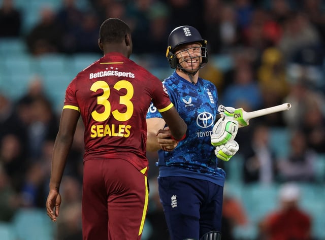 Cricket - Third One Day International - England v West Indies - Kia Oval, London, Britain - June 3, 2025  England's Jos Buttler shakes hands with West Indies' Jayden Seales after the match Action Images via Reuters/Paul Childs