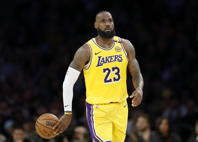 LeBron James #23 of the Los Angeles Lakers tosses the ball back during a 103-96 loss to the Minnesota Timberwolves in Game Five of the Western Conference First Round NBA Playoffs at Crypto.com Arena on April 30, 2025 in Los Angeles, California.