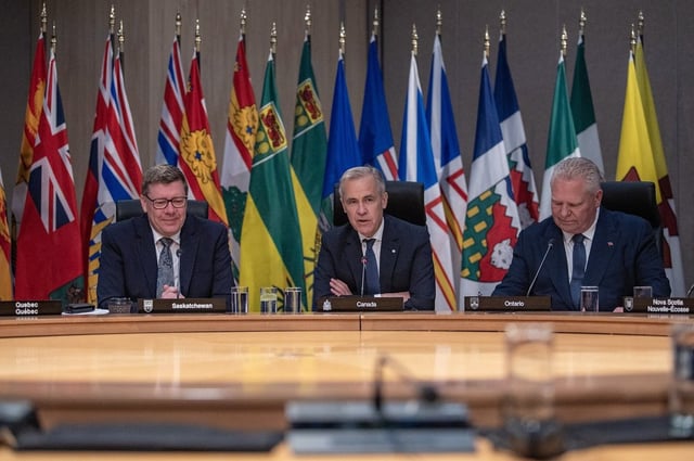 Premier of Saskatchewan Scott Moe, left to right, Prime Minister Mark Carney and Premier of Ontario Doug Ford speak to media during the First Minister’s Meeting in Saskatoon on Monday, June 2, 2025. THE CANADIAN PRESS/Liam Richards