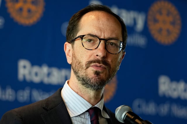 Mayor Freddie O'Connell speaks during a Rotary Club of Nashville meeting Monday, June 2, 2025, in Nashville, Tenn. (AP Photo/George Walker IV)