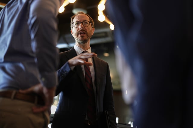 Mayor Freddie O'Connell speaks with members of the Rotary Club of Nashville, Monday, June 2, 2025, in Nashville, Tenn. (AP Photo/George Walker IV)
