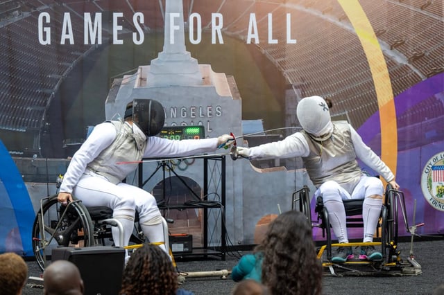 Paralympic fencing is demonstrated during a flag installation ceremony for the Olympic and Paralympic flags on Sept. 12, 2024, at City Hall in Los Angeles. (Photo by Hans Gutknecht, Los Angeles Daily News/SCNG)
