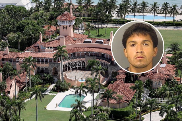 In this aerial view, then former President Donald Trump&#39;s Mar-a-Lago estate can be seen on September 14, 2022, in Palm Beach, Florida. (Photo by Joe Raedle/Getty Images) In the right of the photo, Anthony Thomas Reyes can be seen in his booking photo on June 3, 2025. (Photo from Palm Beach Police Department)