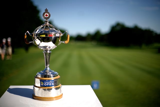 The Canadian Open championship trophy is displayed on the first tee box during the first round of the RBC Canadian Open at the Royal Montreal Golf Club on July 24, 2014 in Montreal, Quebec, Canada.