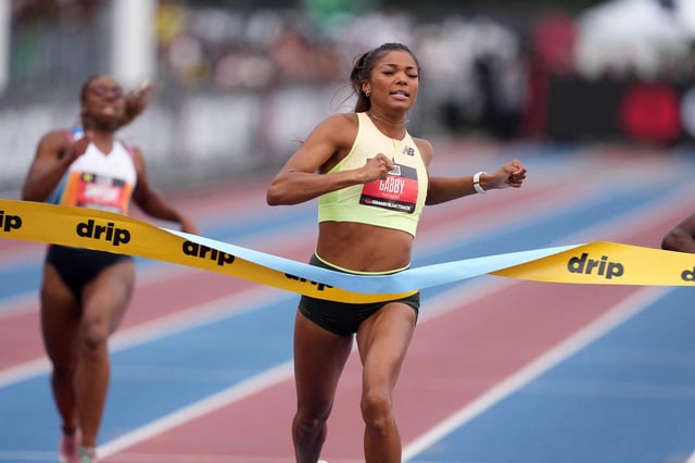 May 3, 2025; Miramar, FL, USA; Gabby Thomas aka Gabrielle Thomas (USA) wins the short sprints women's 200m in 21.95 during the Grand Slam Track Miami at Ansin Sports Complex. Mandatory Credit: Kirby Lee-Imagn Images