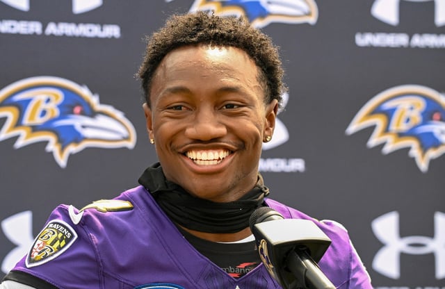 Baltimore Ravens wide receiver Zay Flowers speaks to the media after OTAs on Tuesday at the Under Armour Performance Center. (Kevin Richardson/Staff)