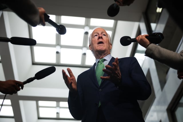 Texas Senator John Cornyn speaks with reporters in Washington, D.C. on April 7, 2025.