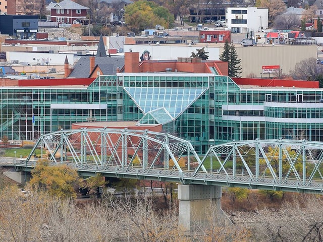 Medicine Hat City Hall with the Finlay Bridge in the foreground was photographed on Tuesday, Nov. 1, 2022.