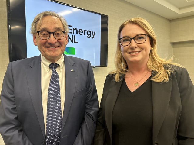 Chief executive of Hydro‑Québec Michael Sabia and Jennifer Williams, head of Newfoundland and Labrador Hydro are seen at an energy conference in St. John's, N.L. on Tuesday, June 3, 2025. THE CANADIAN PRESS/Sarah Smellie