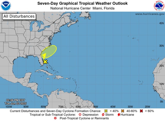 A forecast from the NHC shows a low pressure system off the Southeast U.S.