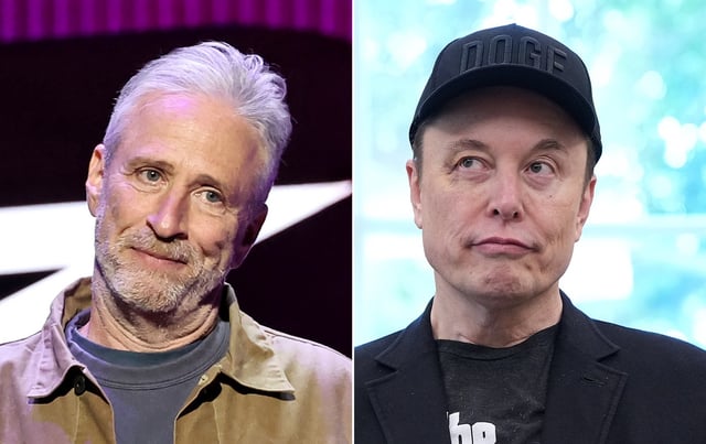 Jon Stewart, left, and Elon Musk. (Getty Images)