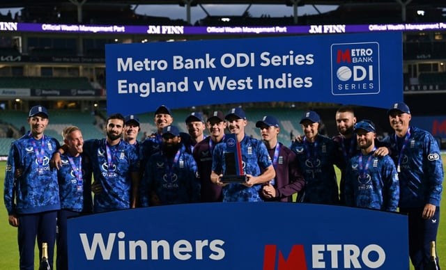 England captain Harry Brook lifts the ODI series trophy after his side completed a 3-0 sweep of the West Indies with a seven-wicket win at the Oval