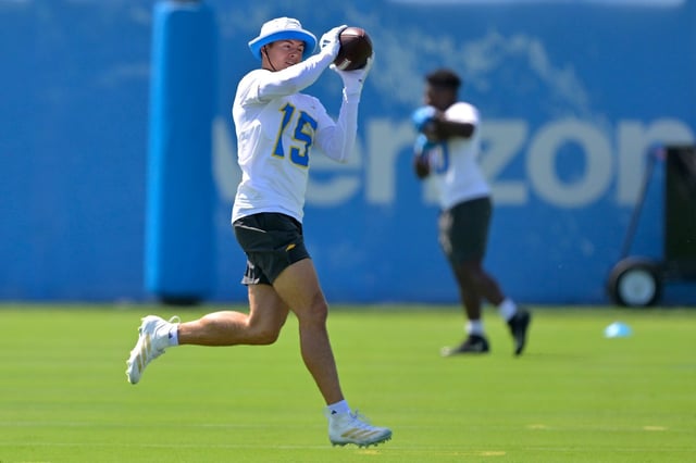 Chargers wide receiver Ladd McConkey catches a pass during practice May 20, 2025, in El Segundo. (AP Photo/Jayne Kamin-Oncea)