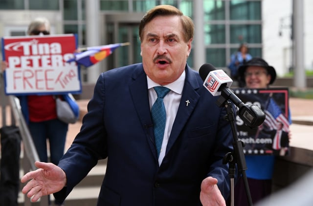 MyPillow CEO Mike Lindell speaks during a news conference outside the Alfred A. Arraj United States Courthouse in Denver on June 2, 2025, before the first day of a trial in a defamation case. Former Dominion Voting Systems executive Eric Coomer is suing Lindell for defamation, tying back to claims the MyPillow founder made about fraud in the 2020 presidential election. (Photo by Helen H. Richardson/The Denver Post)