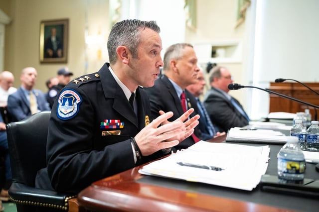Sean Gallagher, then assistant chief of the Capitol Police, testifies at a House hearing in March 2024. Gallagher was named acting chief after his boss retired, drawing a strong rebuke from the Capitol Police Labor Committee.