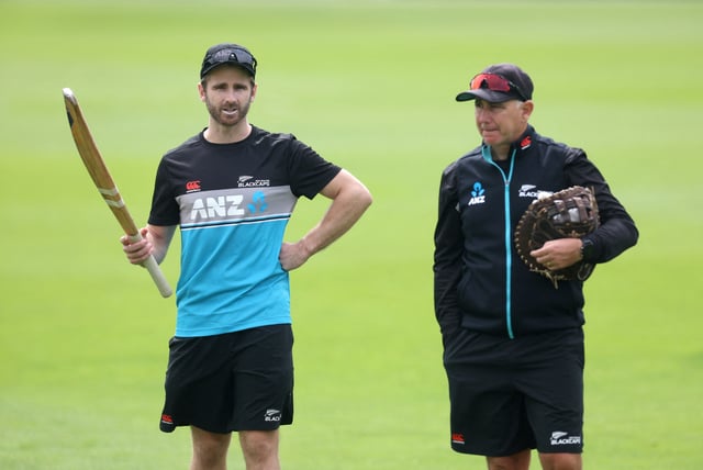 New Zealanders' Kane Williamson talks with head coach Gary Stead during the warm up before the match, County Ground, Chelmsford, Britain - May 26, 2022 Action Images via Reuters/Paul Childs/File Photo