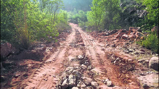 Tyre marks left by tractor trolleys and JCB earthmovers, pointing at mining activity in the Aravalli range region at Gangani village, in Gurugram. (Parveen Kumar/HT)