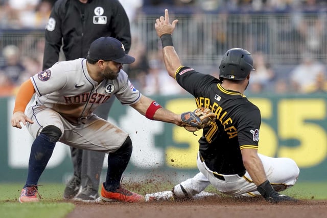 Pittsburgh Pirates&#39; Isiah Kiner-Falefa, right, steals second ahead of the tag by Houston Astros second baseman Jose Altuve, left, during the fifth inning of a baseball game Tuesday, June 3, 2025, in Pittsburgh. (AP Photo/Matt Freed)