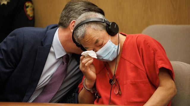 Chunli Zhao wipes a tear during a hearing at the San Mateo County Hall of Justice in Redwood City, California, on Feb. 10, 2023. Zhao has been charged with seven counts of murder and one count of attempted murder for the mass shooting on Jan. 23, in Half Moon Bay. (Dai Sugano/Bay Area News Group/TNS)