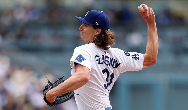 Dodgers starting pitcher Tyler Glasnow, sidelined since late April, has resumed throwing and said he expects to throw another bullpen session later this week. He said his shoulder feels “really good.” (Photo by Luke Hales/Getty Images)