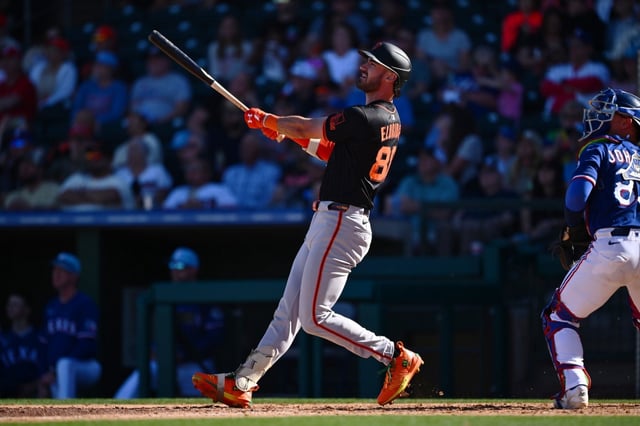 San Francisco Giants’ Bryce Eldridge (88) pauses to admire his two-run home run against the Texas Rangers in the ninth inning of a spring training baseball game at Surprise Stadium in Surprise, Arizona on Saturday, Feb. 22, 2025. The San Francisco Giants defeated the Texas Rangers 6-1. (Jose Carlos Fajardo/Bay Area News Group)