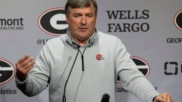 Georgia coach Kirby Smart speaks to the media on the first day of spring practice in Athens, Ga., on Tuesday, March 11, 2025.