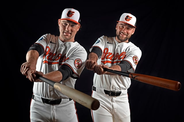 Orioles shortstop Gunnar Henderson and outfielder Colton Cowser at 2025 spring training in Sarasota, Florida, on Wednesday. (Kenneth K. Lam/Staff)